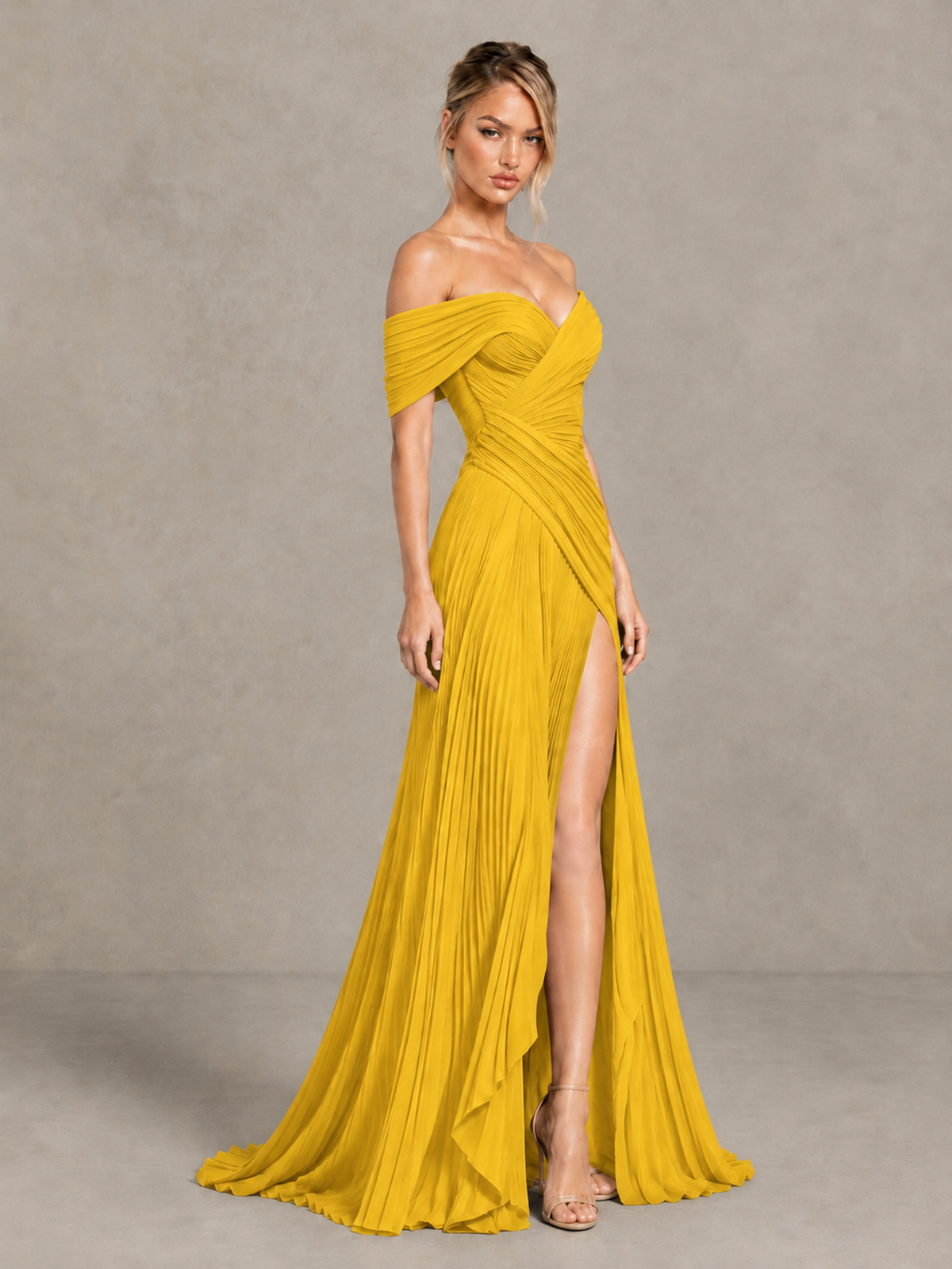 BOLODOO Mustard Yellow Off-Shoulder Ruched Pleated Maxi Dress with High Slit - Mustard Yellow - Mustard Yellow (3)