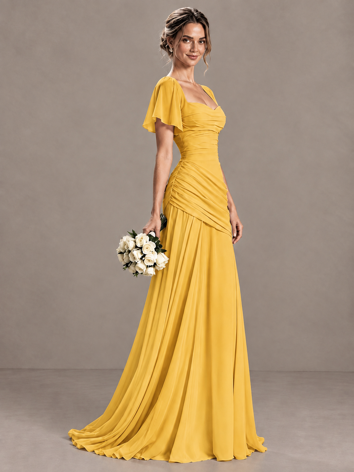 BOLODOO Mustard Yellow Flutter Sleeve Lace-Up Back Maxi Dress - Mustard Yellow - Mustard Yellow (3)