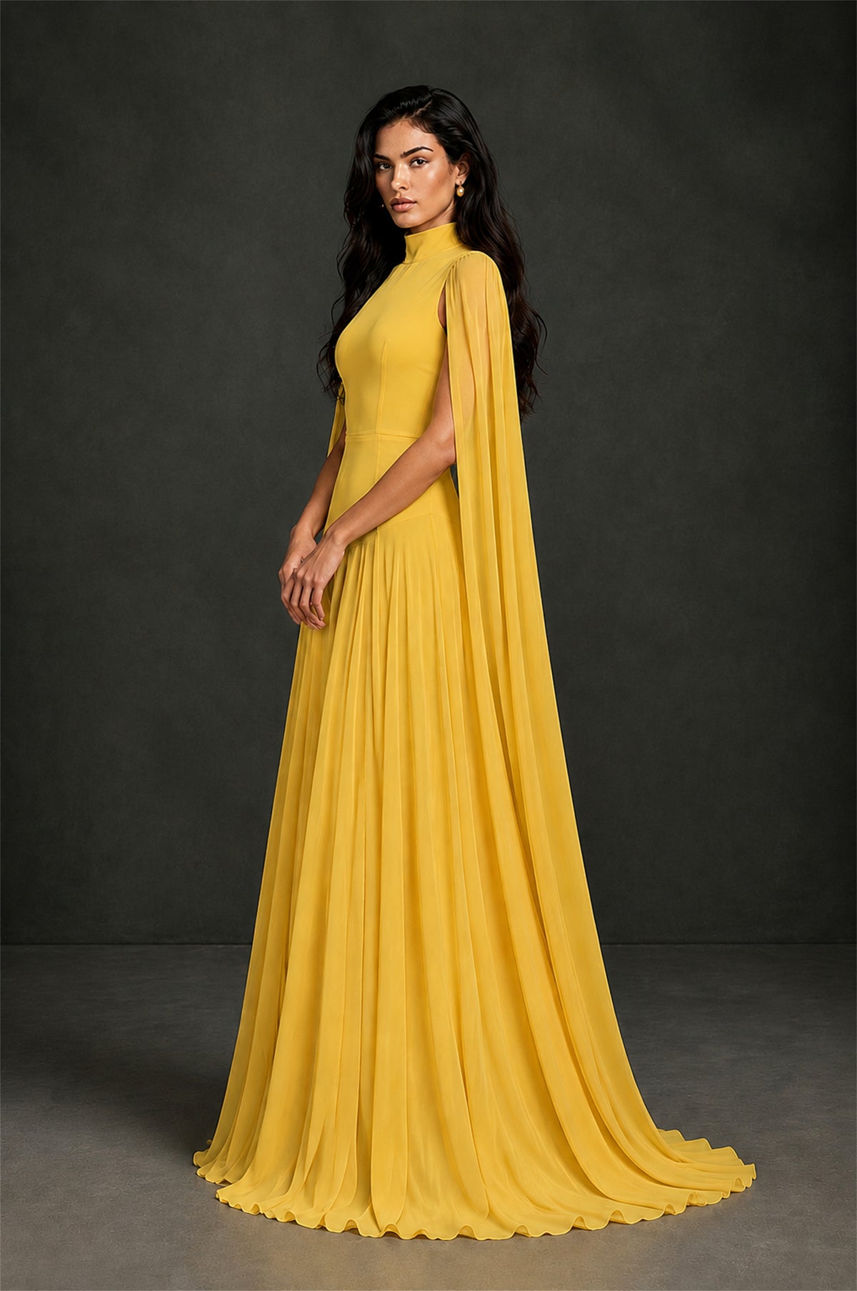 BOLODOO Mustard Yellow Mock Neck Cape Sleeve A-Line Chiffon Maxi Dress - Mustard Yellow - Mustard Yellow (3)
