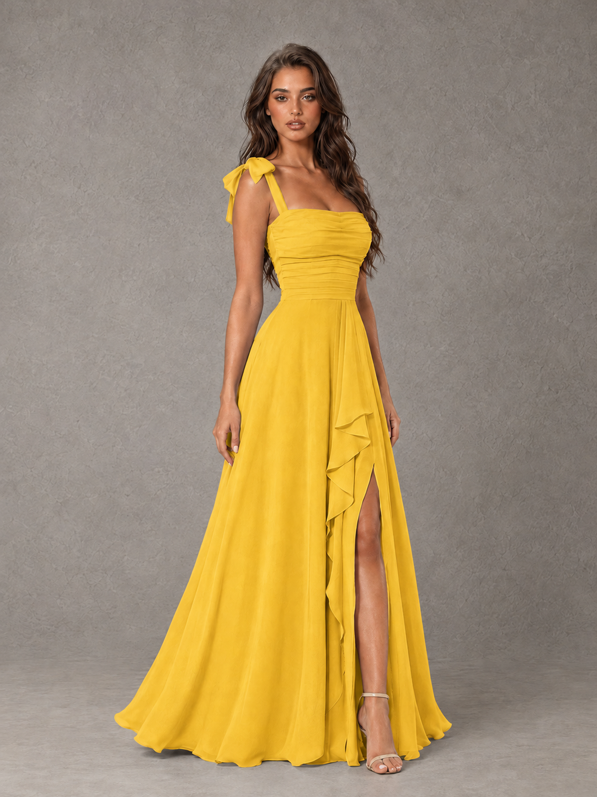 BOLODOO Mustard Yellow Bow-Strap Bridesmaid Dress with Ruffle Slit - Mustard Yellow - Mustard Yellow (3)