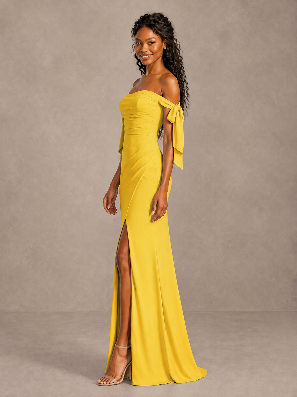 Mustard Yellow Off-Shoulder Bow Bridesmaid Dress with Slit - Mustard Yellow - Mustard Yellow (3)