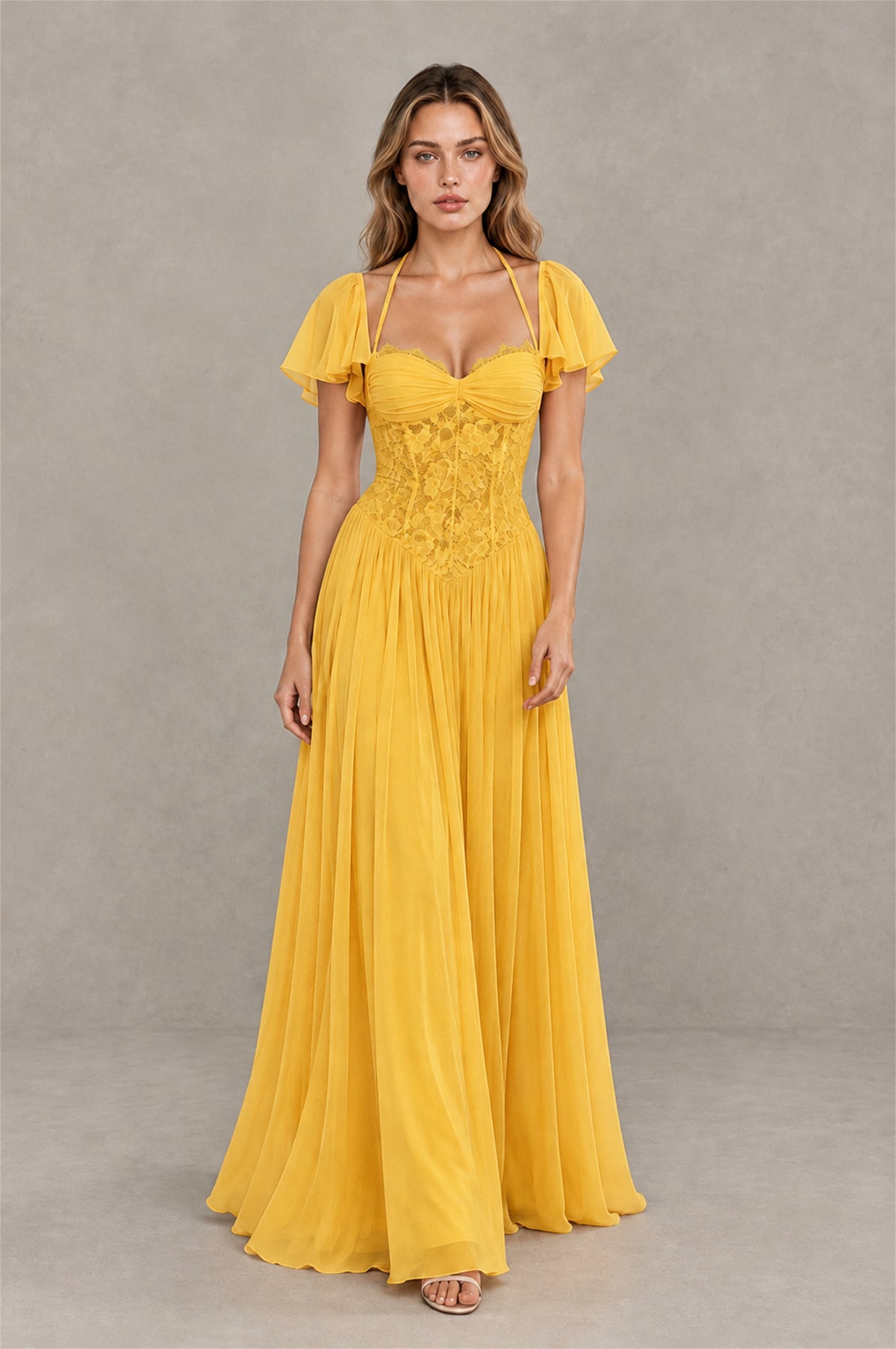 BOLODOO Mustard Yellow Flutter Sleeve Lace Corset A-Line Maxi Dress - Mustard Yellow - Mustard Yellow (3)