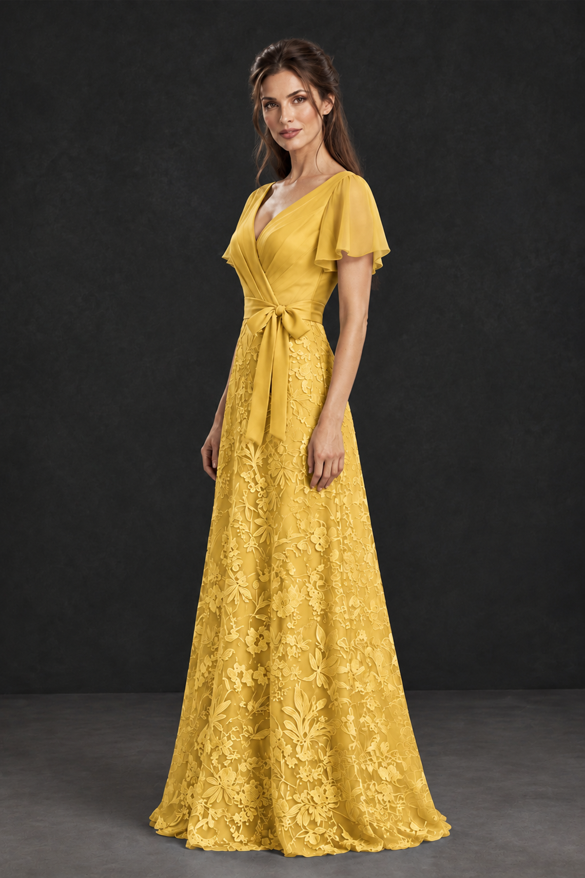 BOLODOO Mustard Yellow Flutter Sleeve Lace Mother of the Bride Dress - Mustard Yellow