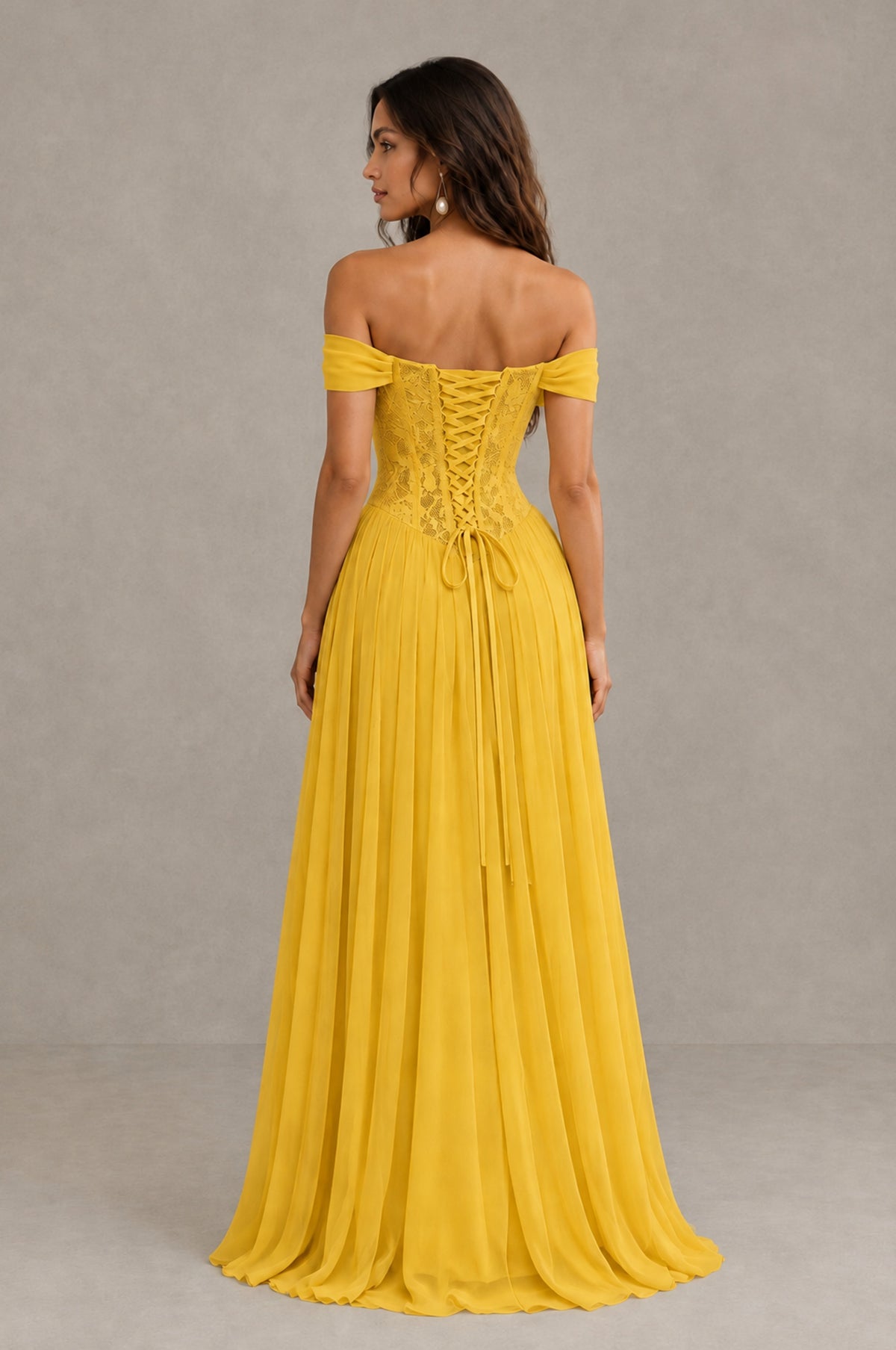 BOLODOO Mustard Yellow Off-Shoulder Lace Corset Tulle Maxi Dress - Mustard Yellow - Mustard Yellow (3)