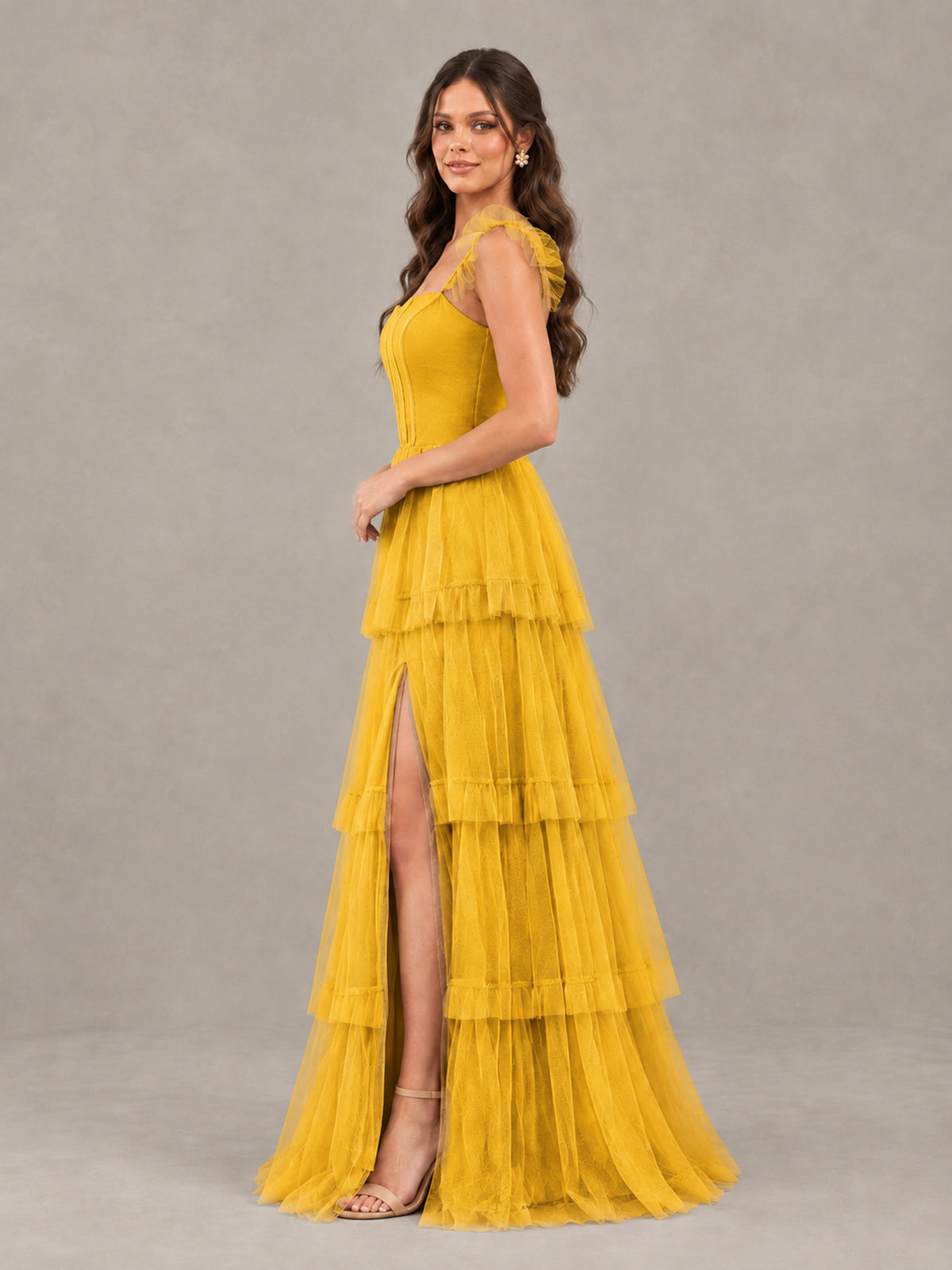 BOLODOO Mustard Yellow Tiered Tulle Bridesmaid Dress with Slit - Mustard Yellow - Mustard Yellow (3)