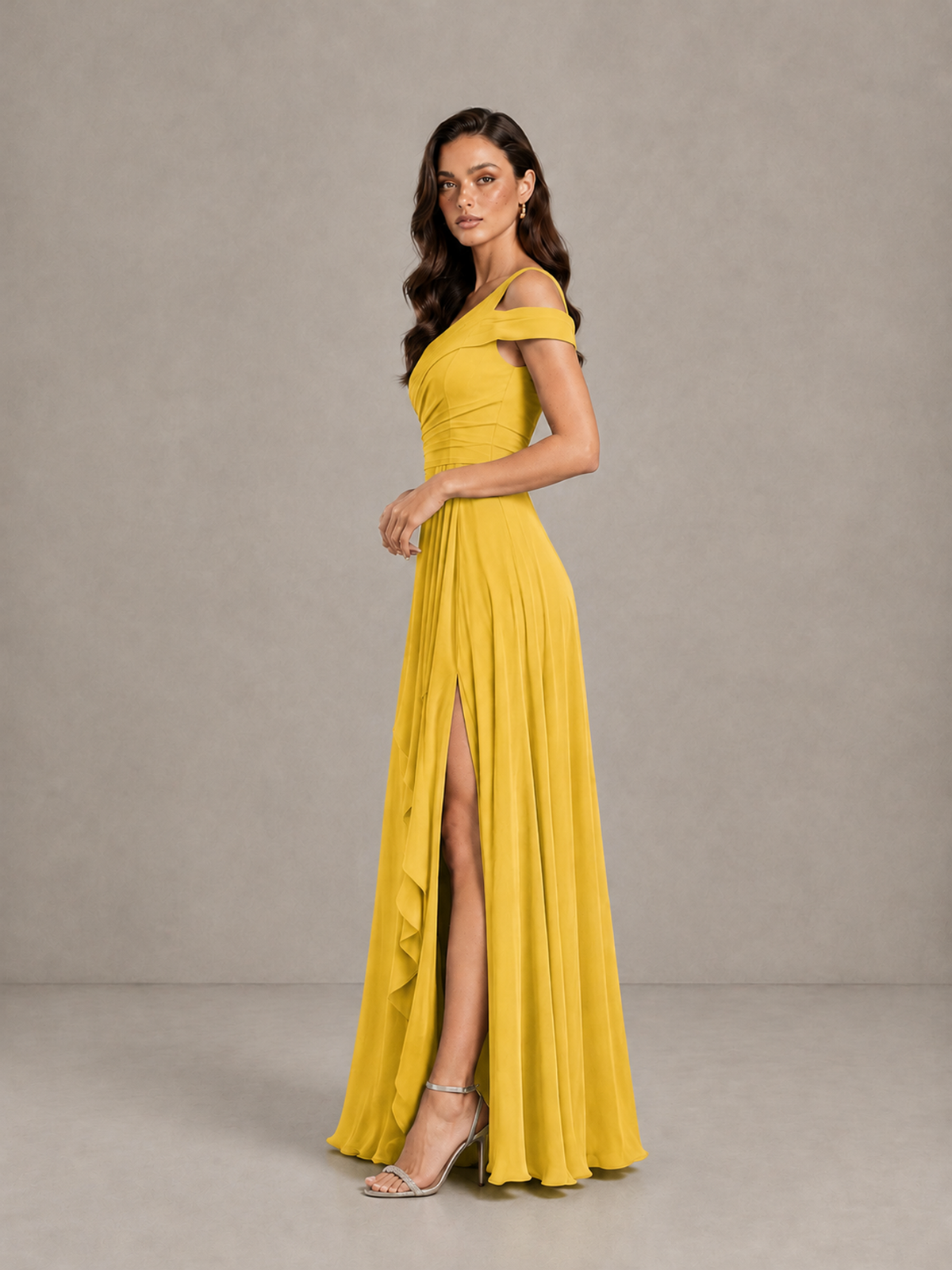 BOLODOO Mustard Yellow One-Shoulder Bridesmaid Dress with Side Slit - Mustard Yellow - Mustard Yellow (3)