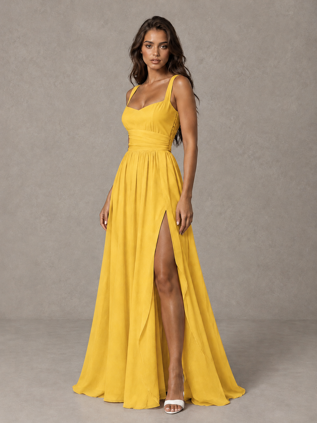 BOLODOO Mustard Yellow A-Line Bridesmaid Dress with High Slit & Lace-Up Back - Mustard Yellow - Mustard Yellow (3)