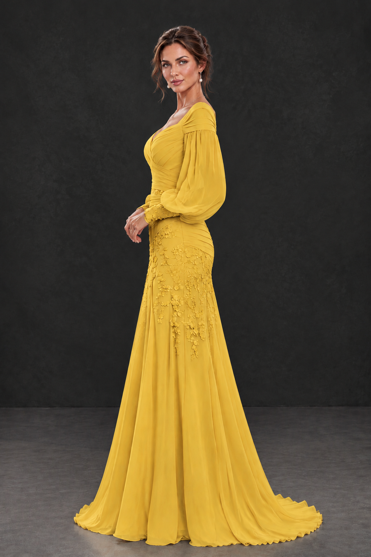 BOLODOO Mustard Yellow Long Sleeve Mother of the Bride Dress with Floral Appliqués - Mustard Yellow - Mustard Yellow (3)