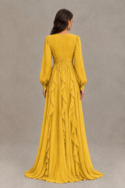BOLODOO Mustard Yellow Long Sleeve V-Neck Ruffle Maxi Dress - Mustard Yellow - Mustard Yellow (3)