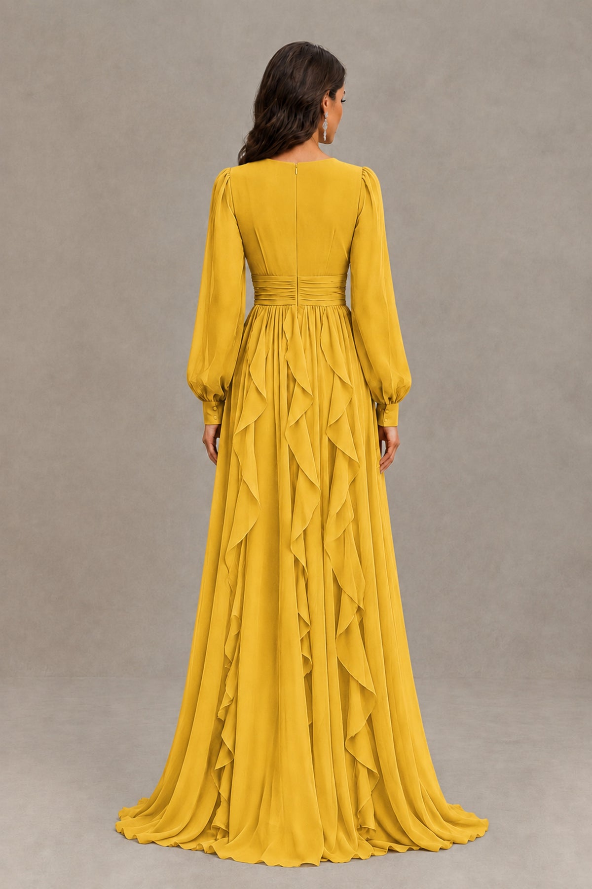 BOLODOO Mustard Yellow Long Sleeve V-Neck Ruffle Maxi Dress - Mustard Yellow - Mustard Yellow (3)