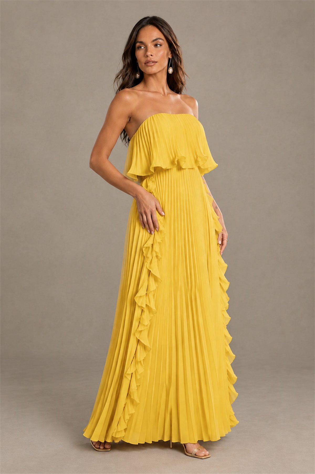 BOLODOO Mustard Yellow Strapless Ruffle Bodice Dual Cascading Ruffle Accordion Pleated Chiffon Maxi Dress - Mustard Yellow