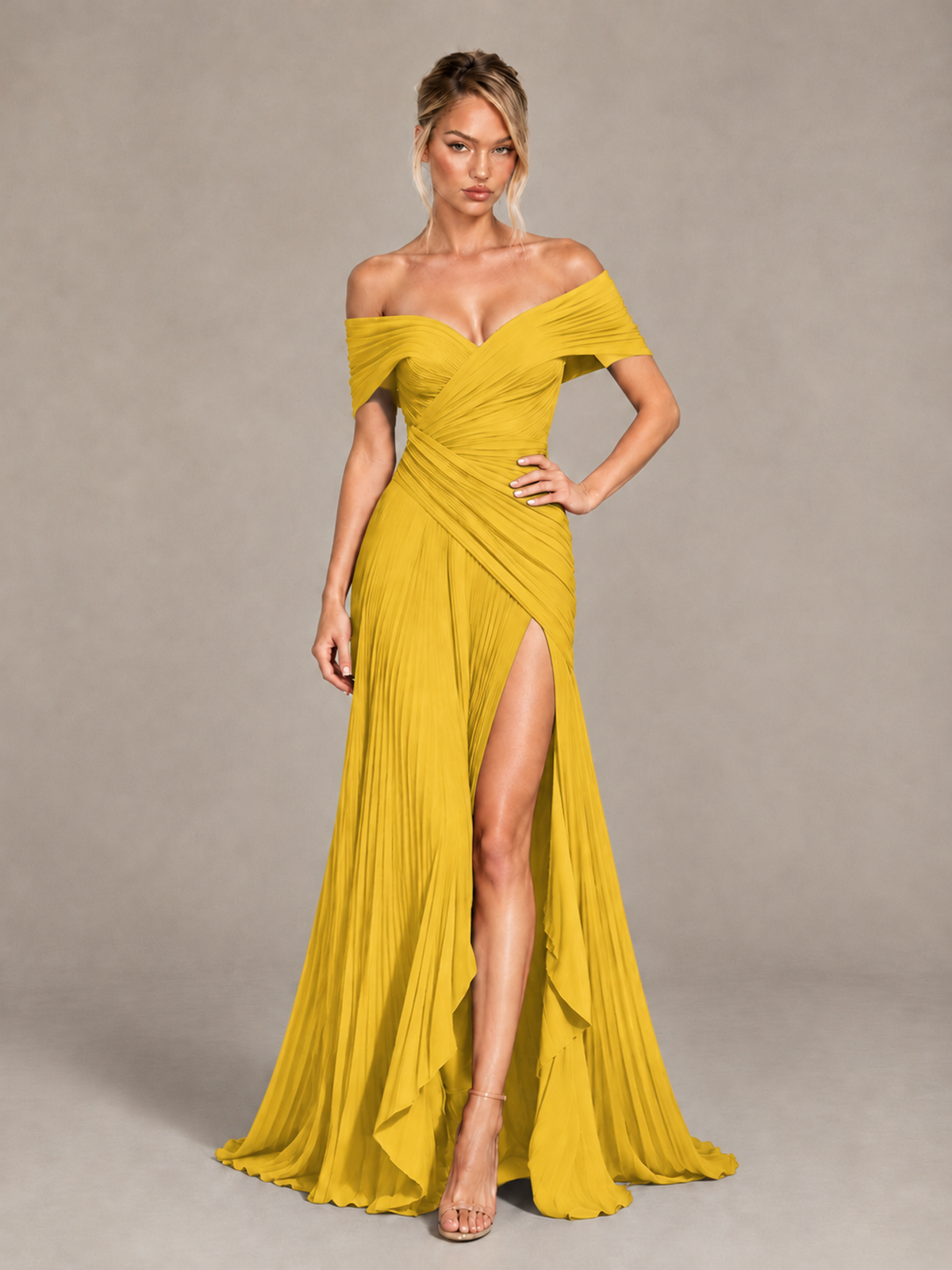 BOLODOO Mustard Yellow Off-Shoulder Ruched Pleated Maxi Dress with High Slit - Mustard Yellow - Mustard Yellow (4)