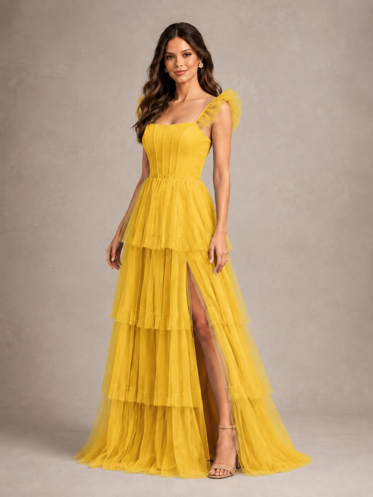 BOLODOO Mustard Yellow Tiered Tulle Bridesmaid Dress with Slit - Mustard Yellow - Mustard Yellow (4)
