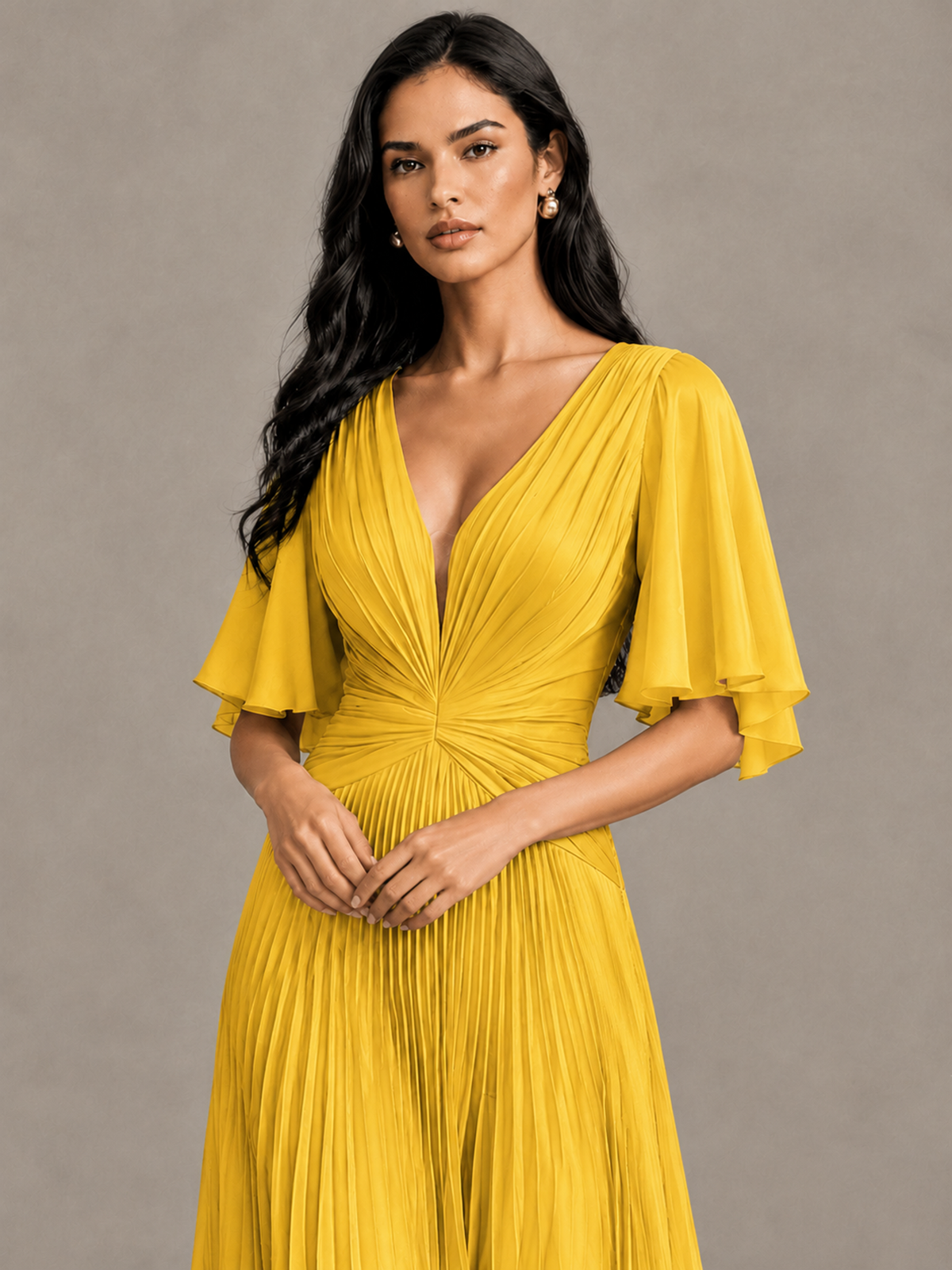 BOLODOO Mustard Yellow Pleated V-Neck Flutter Sleeve Bridesmaid Dress - Mustard Yellow - Mustard Yellow (4)