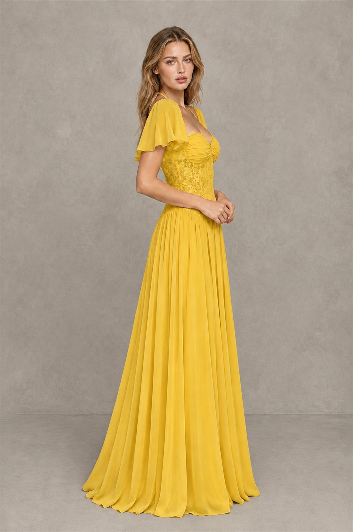 BOLODOO Mustard Yellow Flutter Sleeve Lace Corset A-Line Maxi Dress - Mustard Yellow - Mustard Yellow (4)