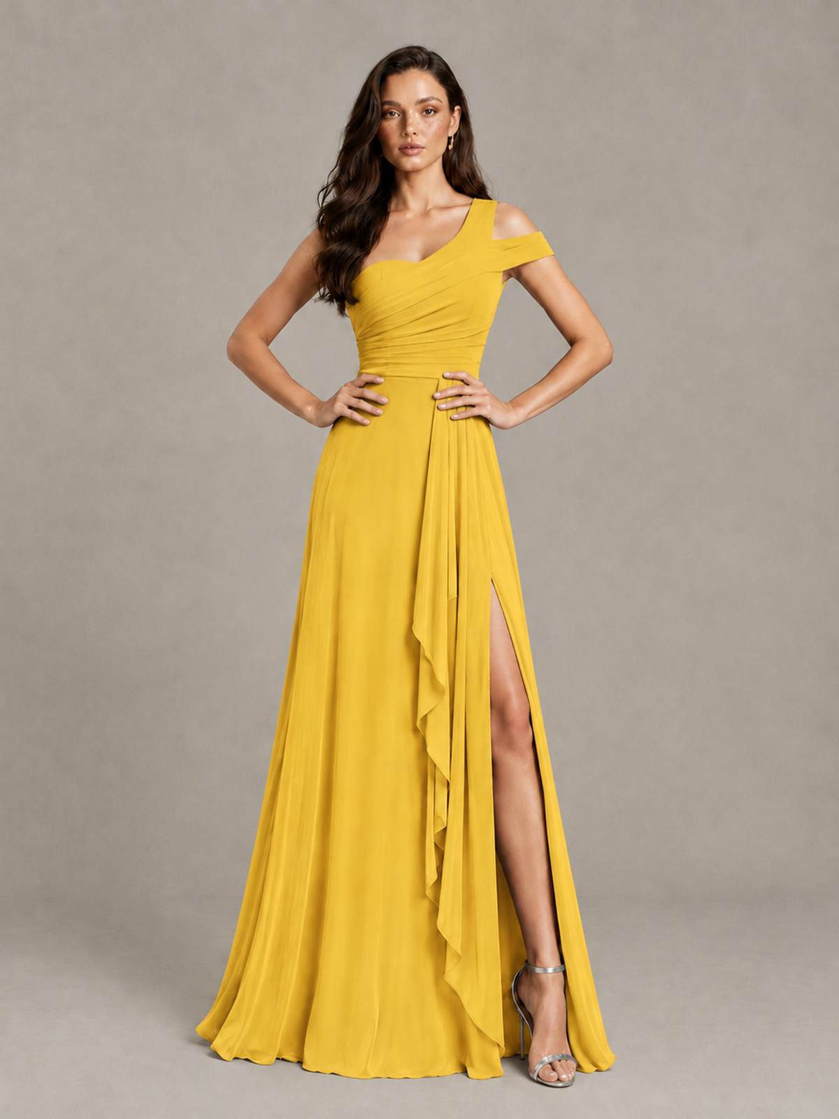 BOLODOO Mustard Yellow One-Shoulder Bridesmaid Dress with Side Slit - Mustard Yellow - Mustard Yellow (4)