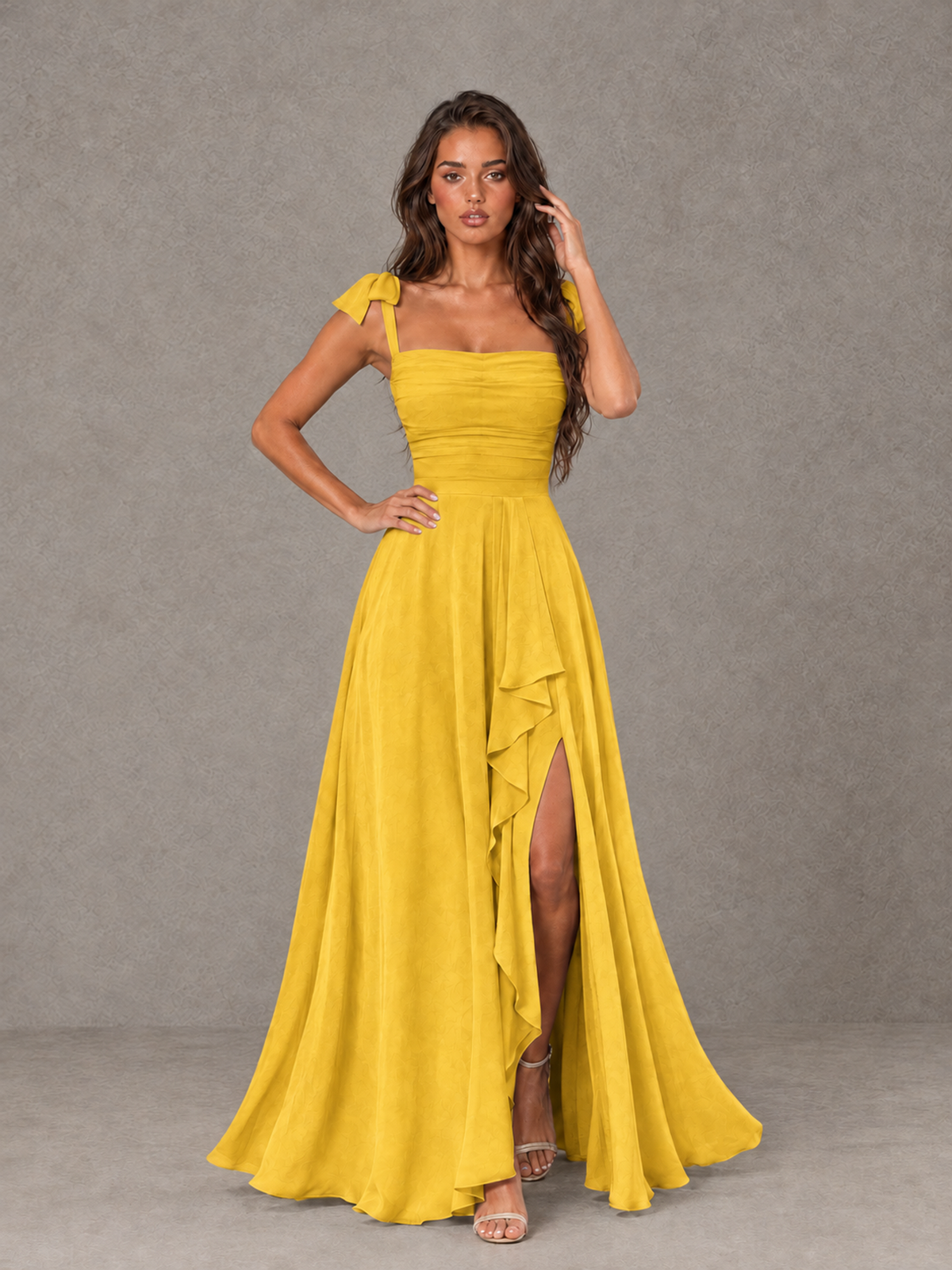BOLODOO Mustard Yellow Bow-Strap Bridesmaid Dress with Ruffle Slit - Mustard Yellow - Mustard Yellow (4)