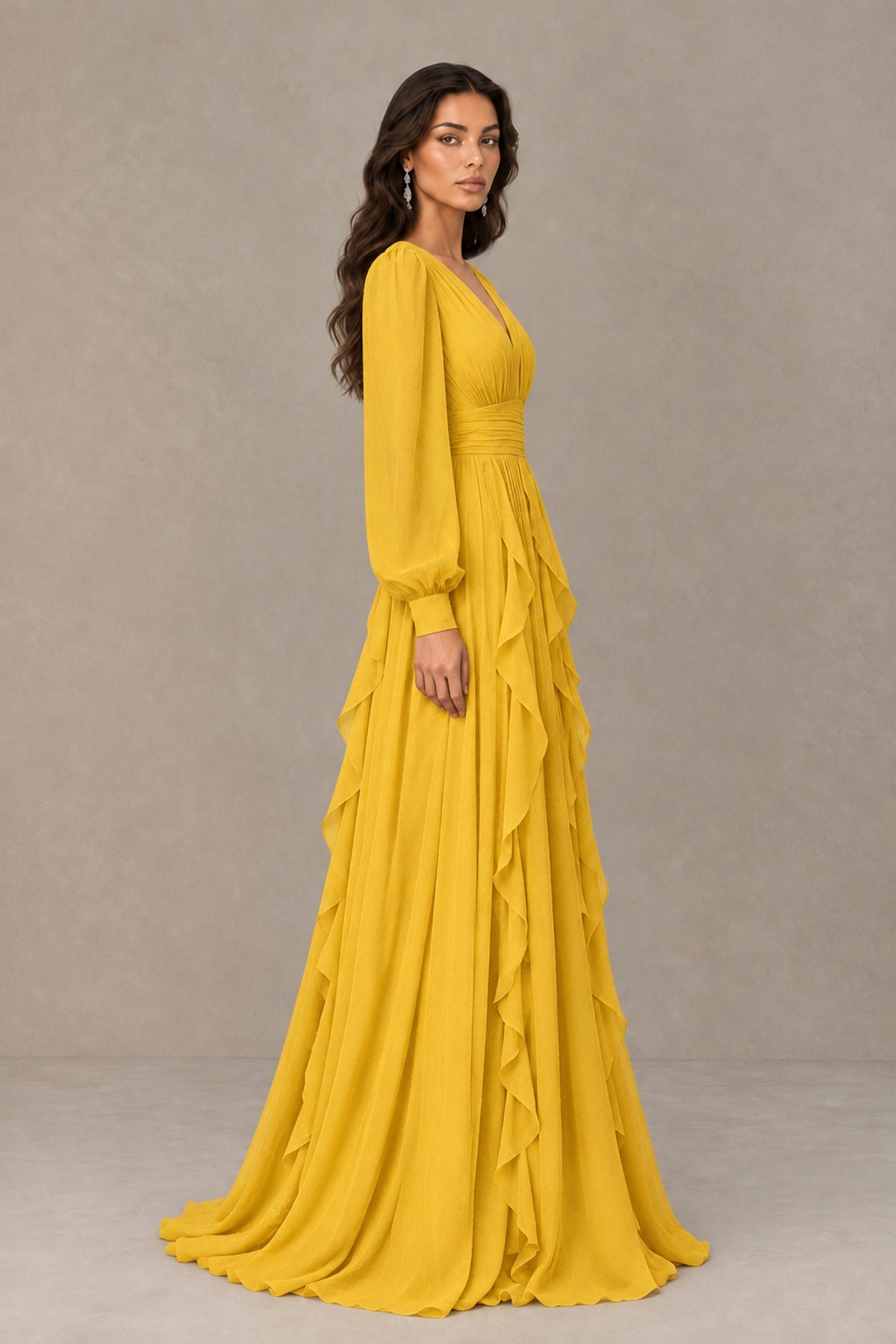 BOLODOO Mustard Yellow Long Sleeve V-Neck Ruffle Maxi Dress - Mustard Yellow - Mustard Yellow (4)