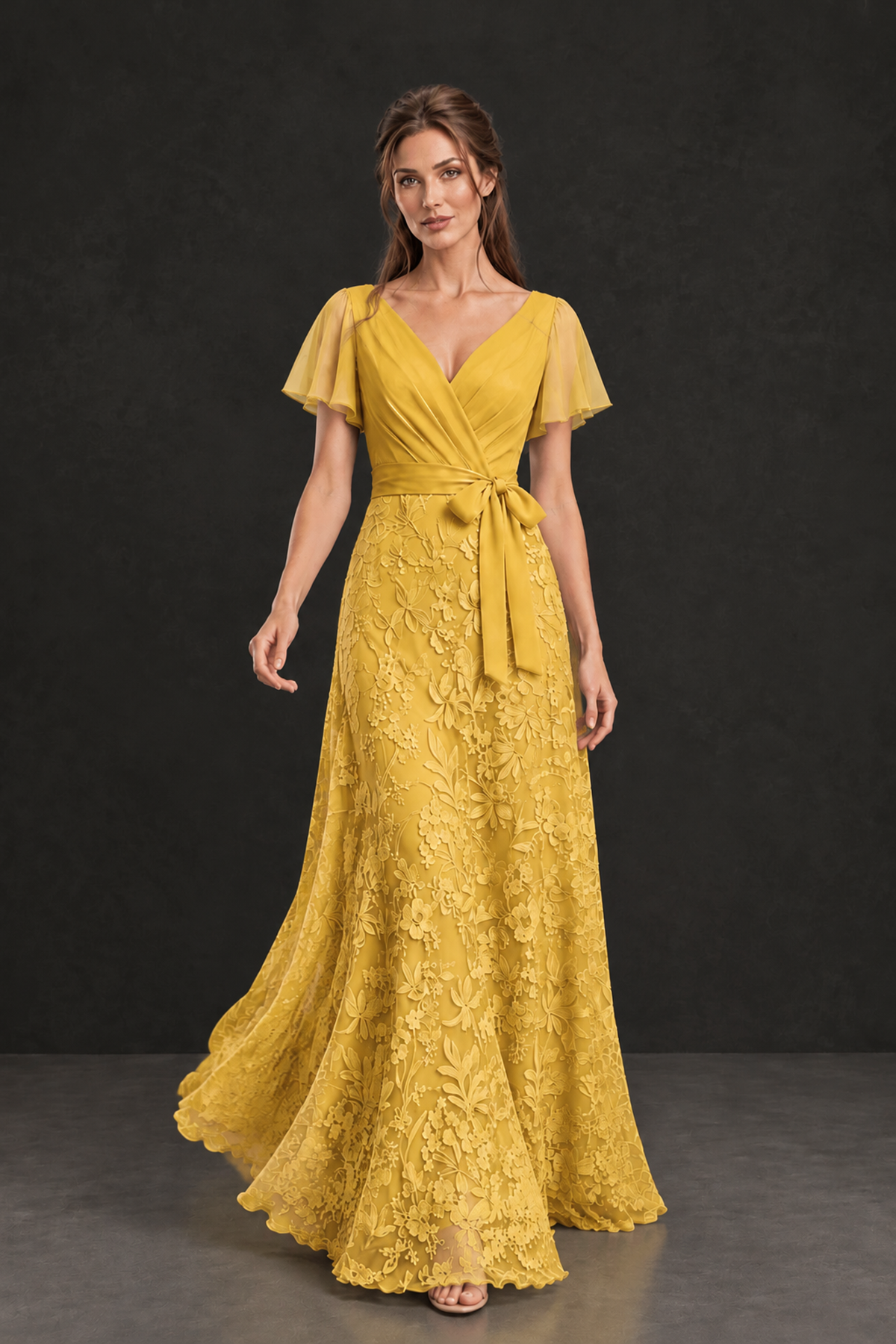BOLODOO Mustard Yellow Flutter Sleeve Lace Mother of the Bride Dress - Mustard Yellow
