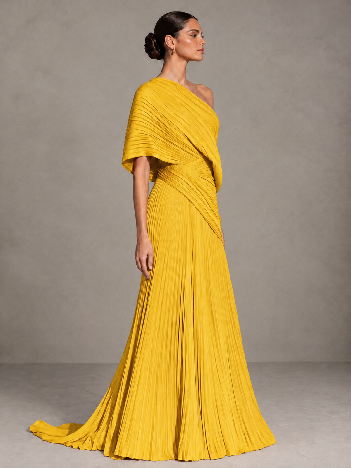 BOLODOO Mustard Yellow One-Shoulder Pleated Cape Evening Gown with Train - Mustard Yellow - Mustard Yellow (4)