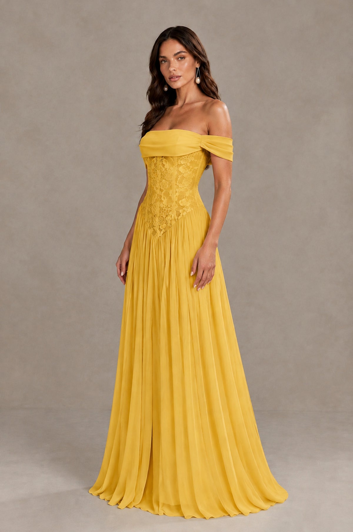 BOLODOO Mustard Yellow Off-Shoulder Lace Corset Tulle Maxi Dress - Mustard Yellow - Mustard Yellow (4)