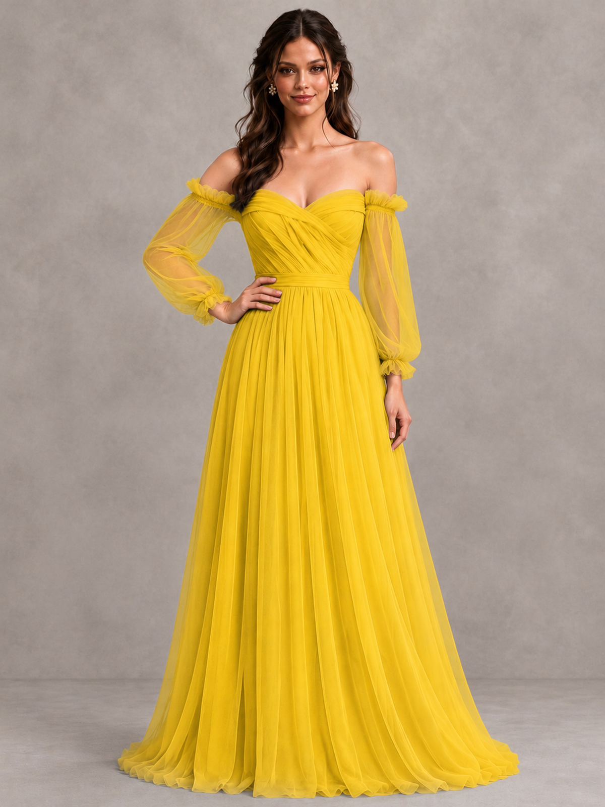 BOLODOO Mustard Yellow Off-the-Shoulder Long Sleeve A-Line Bridesmaid Dress - Mustard Yellow - Mustard Yellow (4)