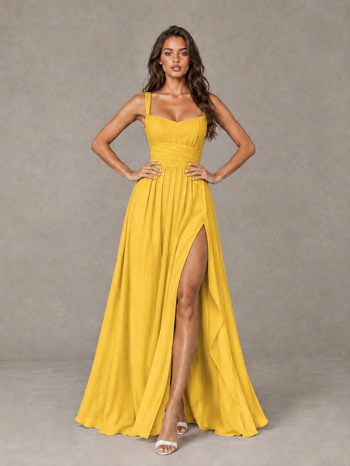BOLODOO Mustard Yellow A-Line Bridesmaid Dress with High Slit & Lace-Up Back - Mustard Yellow - Mustard Yellow (4)
