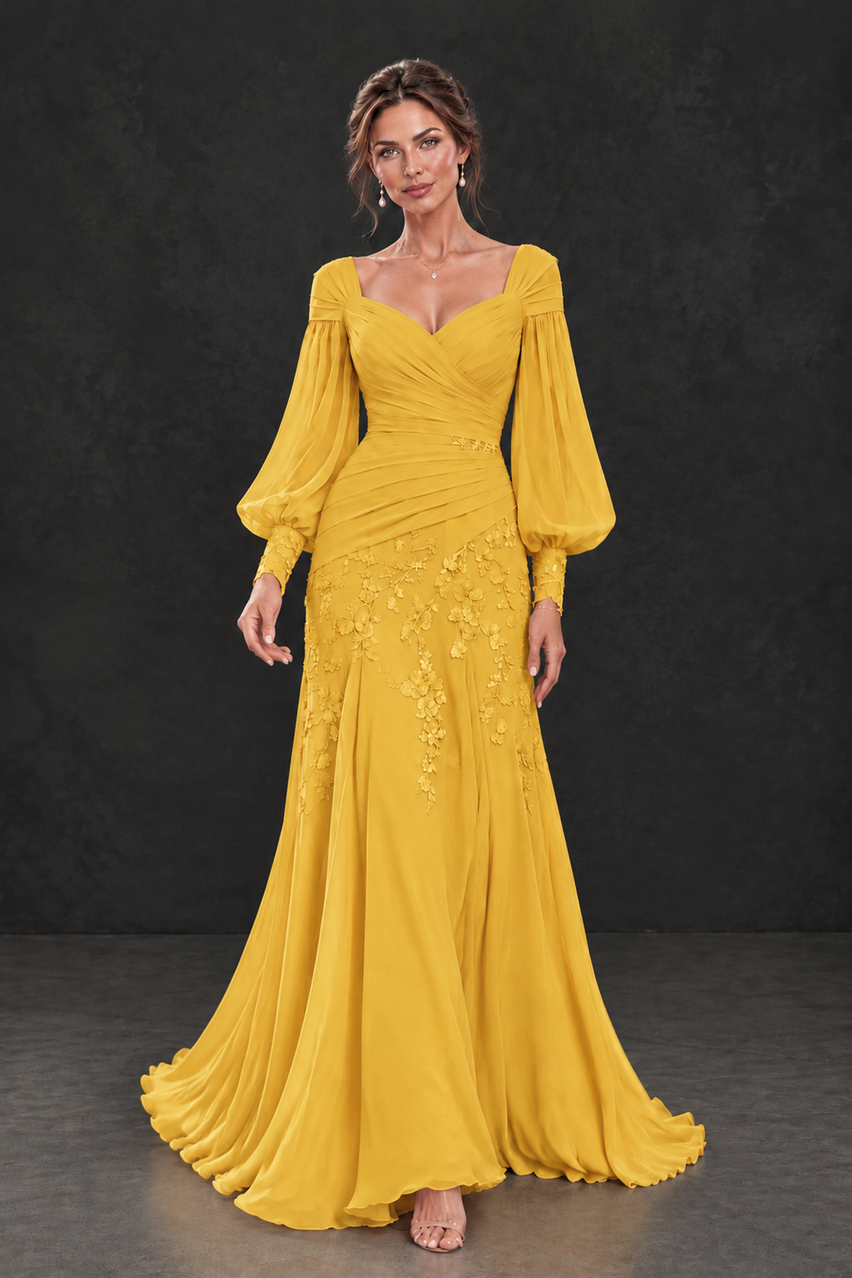 BOLODOO Mustard Yellow Long Sleeve Mother of the Bride Dress with Floral Appliqués - Mustard Yellow - Mustard Yellow (4)