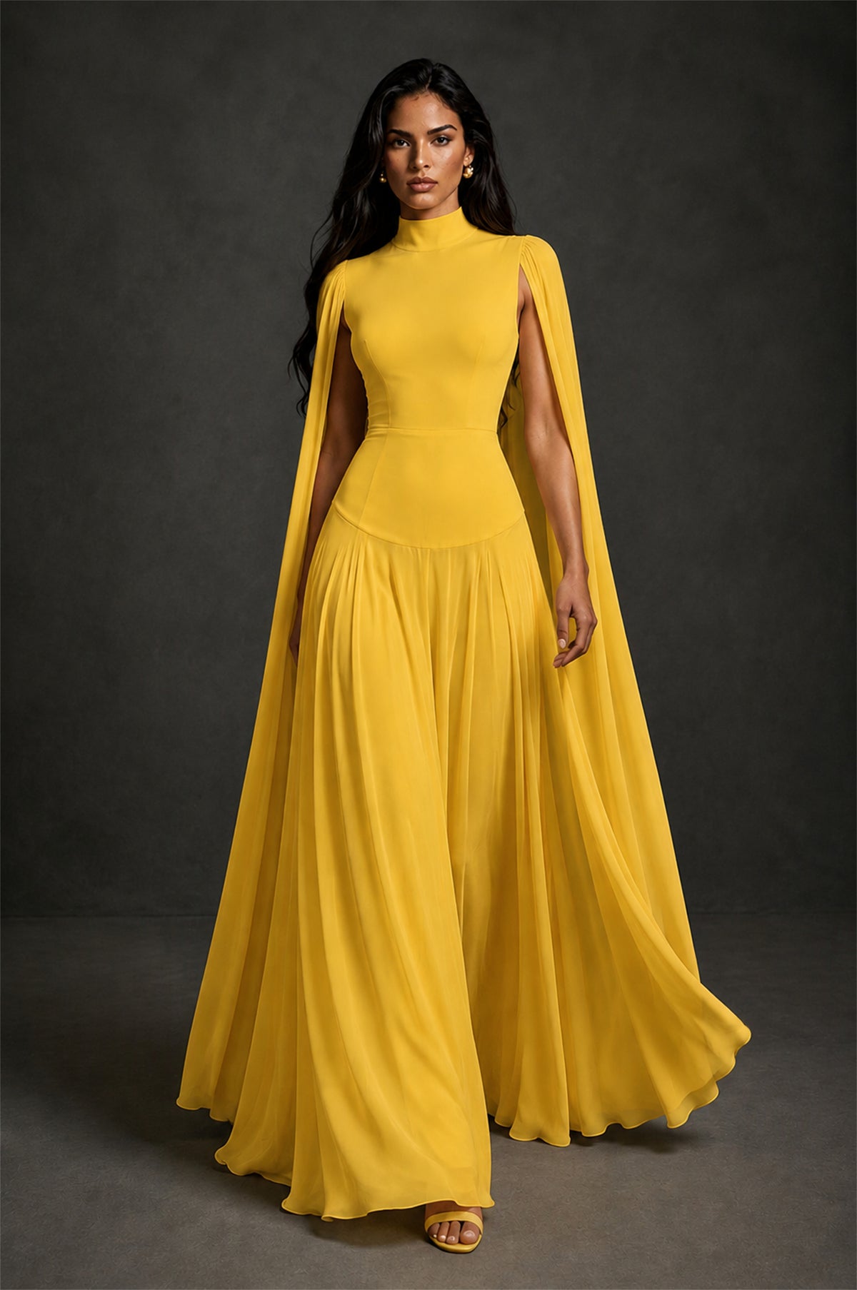 BOLODOO Mustard Yellow Mock Neck Cape Sleeve A-Line Chiffon Maxi Dress - Mustard Yellow - Mustard Yellow (4)