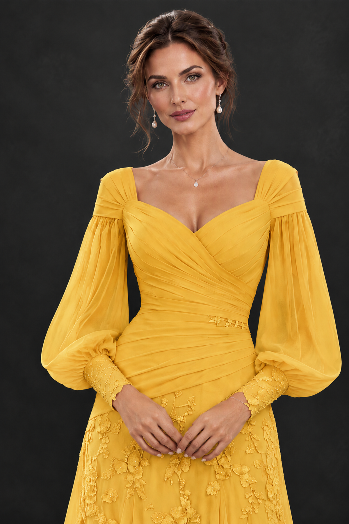 BOLODOO Mustard Yellow Long Sleeve Mother of the Bride Dress with Floral Appliqués - Mustard Yellow - Mustard Yellow (5)