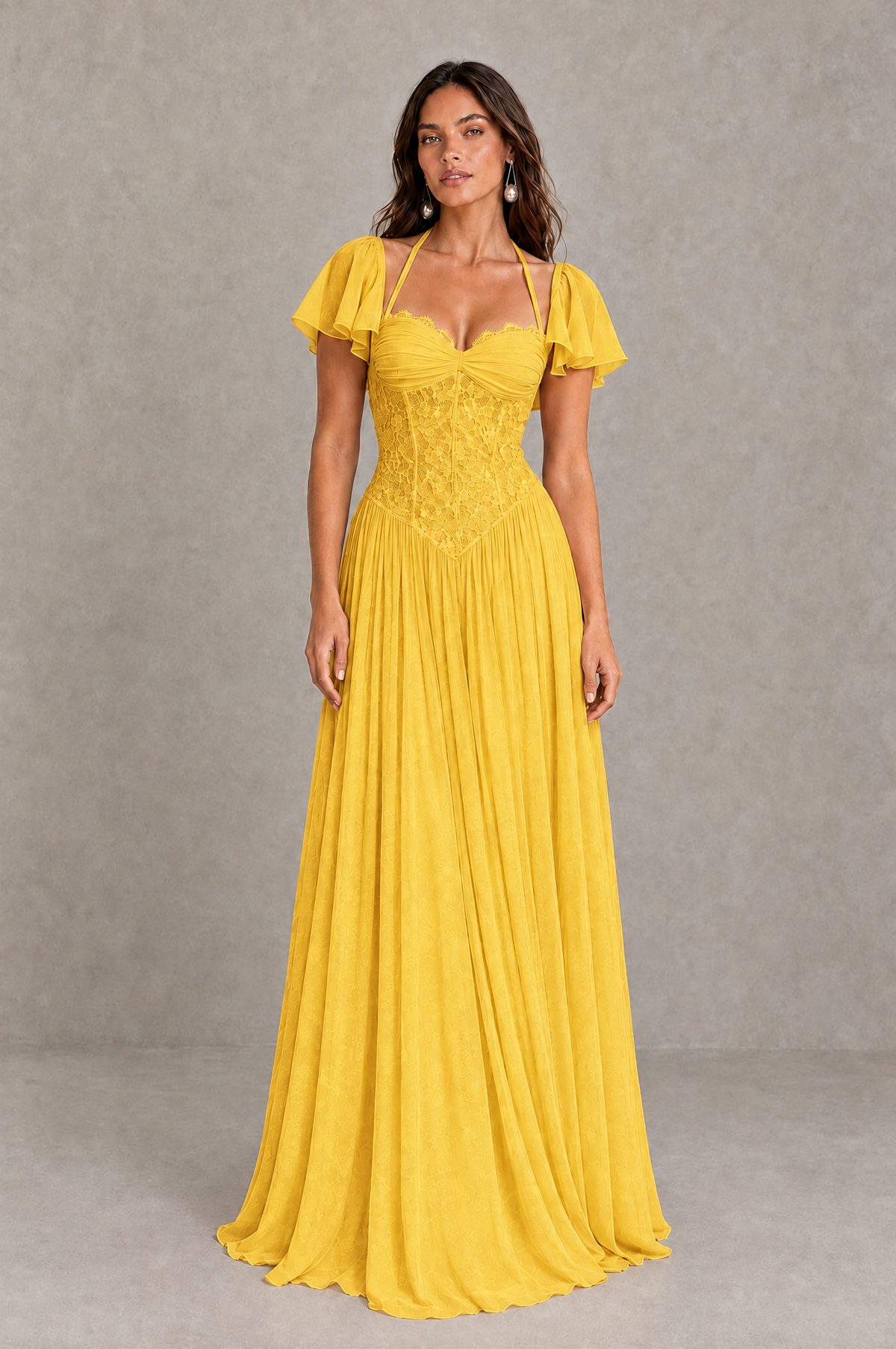 BOLODOO Mustard Yellow Flutter Sleeve Lace Corset A-Line Maxi Dress 