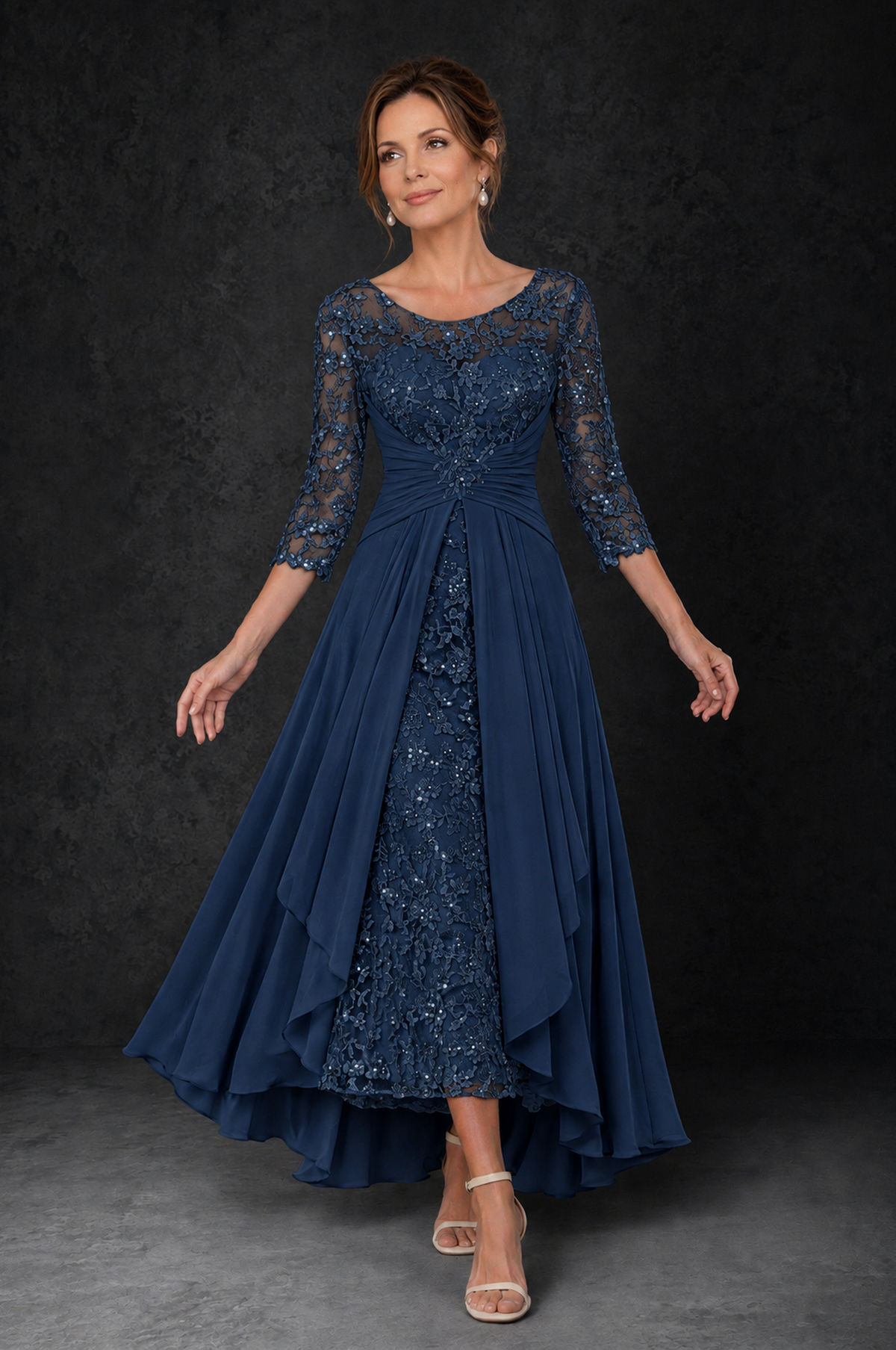 BOLODOO Navy Blue Sequin Lace & Chiffon Tea-Length Mother of the Bride Dress with 3/4 Sleeves 