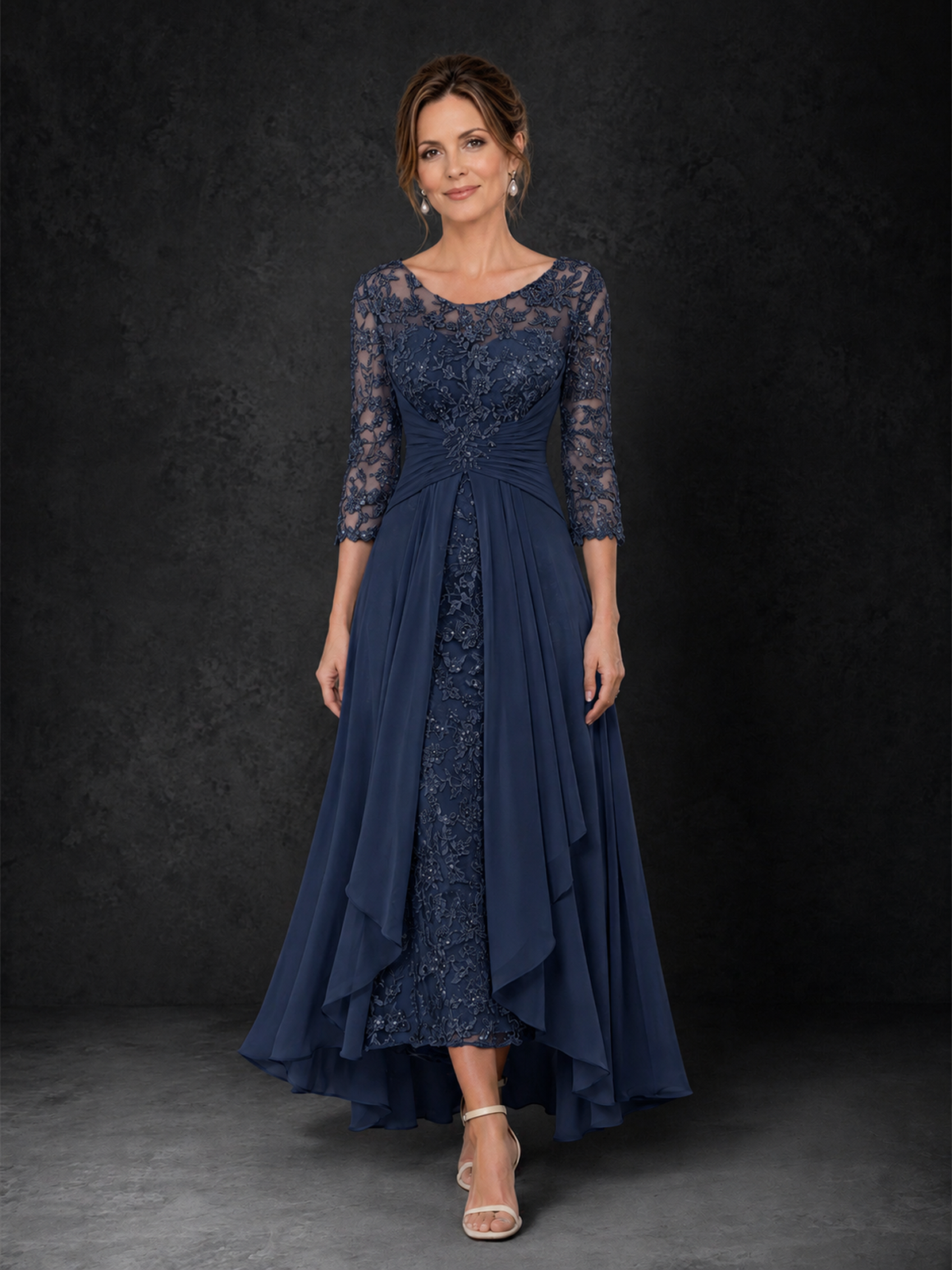 BOLODOO Navy Blue Sequin Lace & Chiffon Tea-Length Mother of the Bride Dress with 3/4 Sleeves 