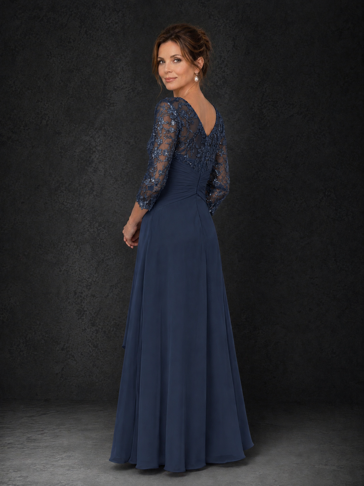 BOLODOO Navy Blue Sequin Lace & Chiffon Tea-Length Mother of the Bride Dress with 3/4 Sleeves 