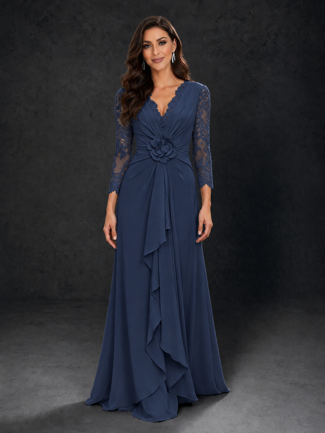 BOLODOO Navy Blue Lace Sleeve V-Neck Floral Waist Chiffon A-Line Maxi Dress 