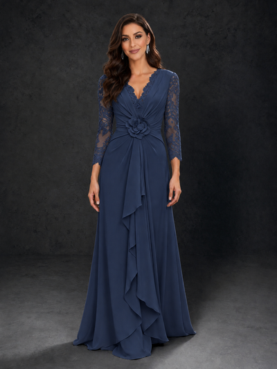 BOLODOO Navy Blue Lace Sleeve V-Neck Floral Waist Chiffon A-Line Maxi Dress 