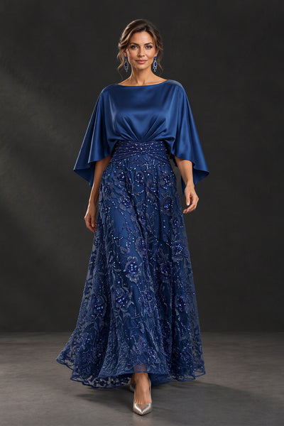 BOLODOO Navy Blue Cape Sleeve Floral Mother of the Bride Dress 