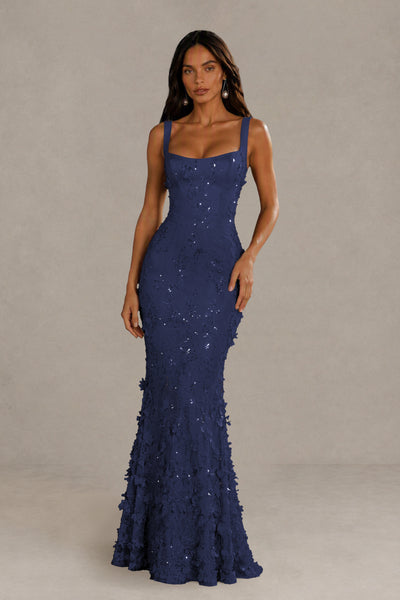 BOLODOO Navy Blue Sequin 3D Floral Mermaid Maxi Gown – Lace-Up Back Formal Dress 