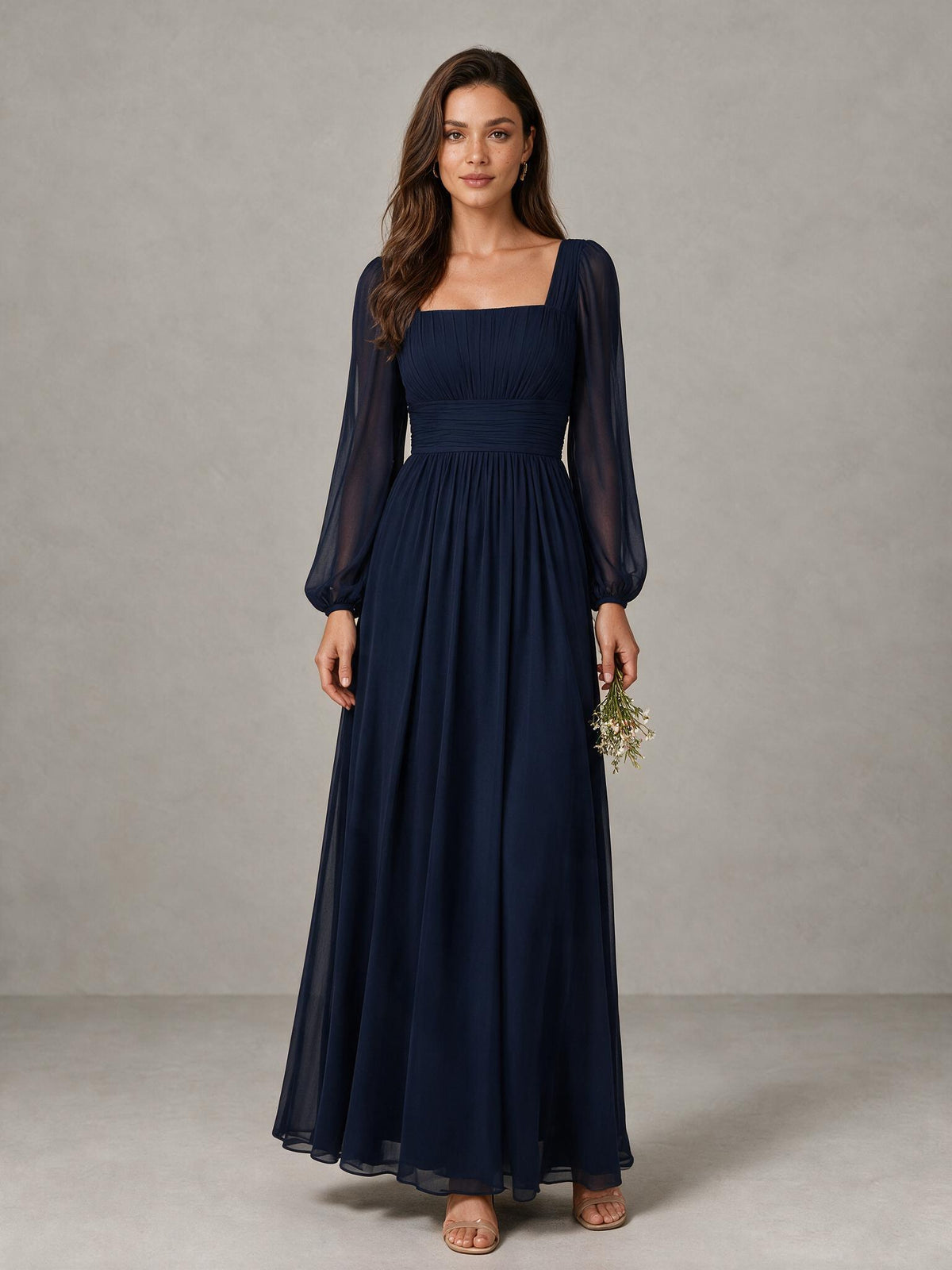 BOLODOO Navy Blue Square Neck Long Sleeve Chiffon Bridesmaid Dress 