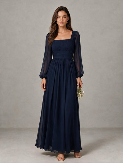 BOLODOO Navy Blue Square Neck Long Sleeve Chiffon Bridesmaid Dress 