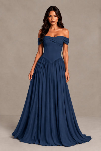 BOLODOO Navy Blue Off-Shoulder Sweetheart Corset Pleated Chiffon Maxi Dress 
