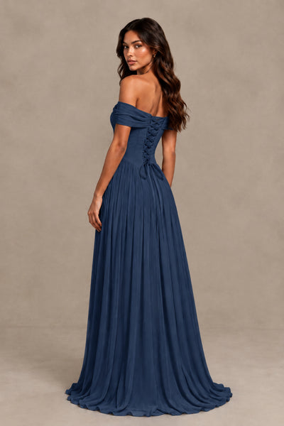 BOLODOO Navy Blue Off-Shoulder Sweetheart Corset Pleated Chiffon Maxi Dress 
