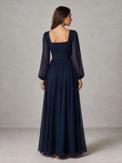 BOLODOO Navy Blue Square Neck Long Sleeve Chiffon Bridesmaid Dress 