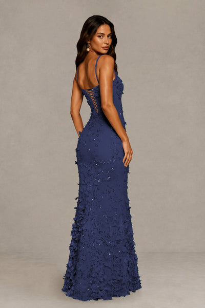 BOLODOO Navy Blue Sequin 3D Floral Mermaid Maxi Gown – Lace-Up Back Formal Dress 