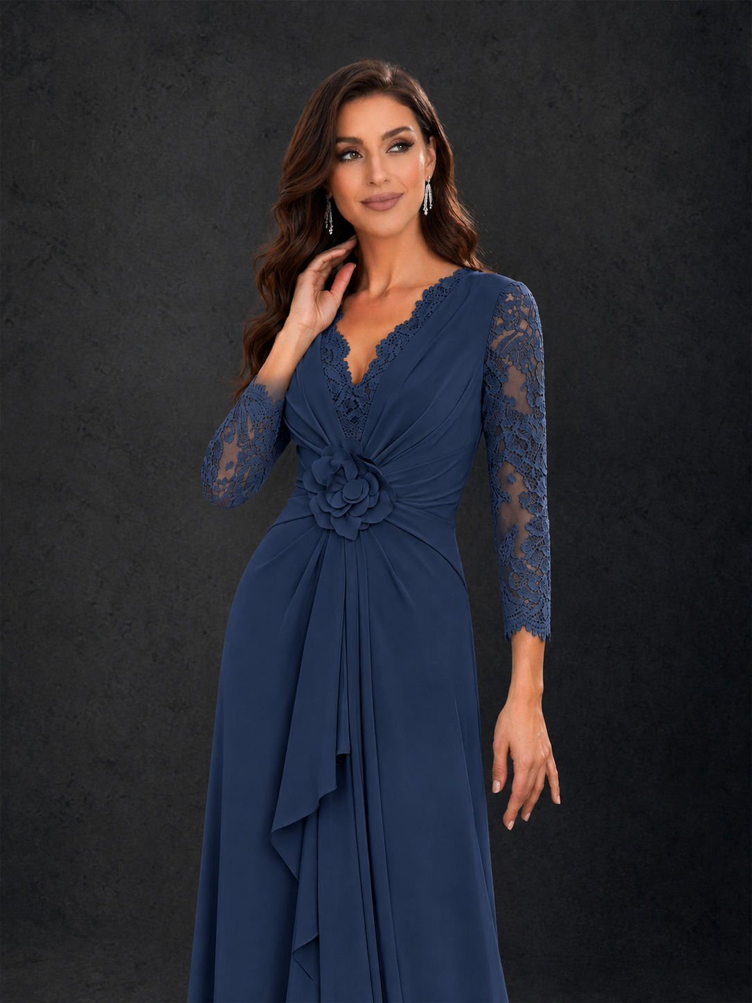 BOLODOO Navy Blue Lace Sleeve V-Neck Floral Waist Chiffon A-Line Maxi Dress 