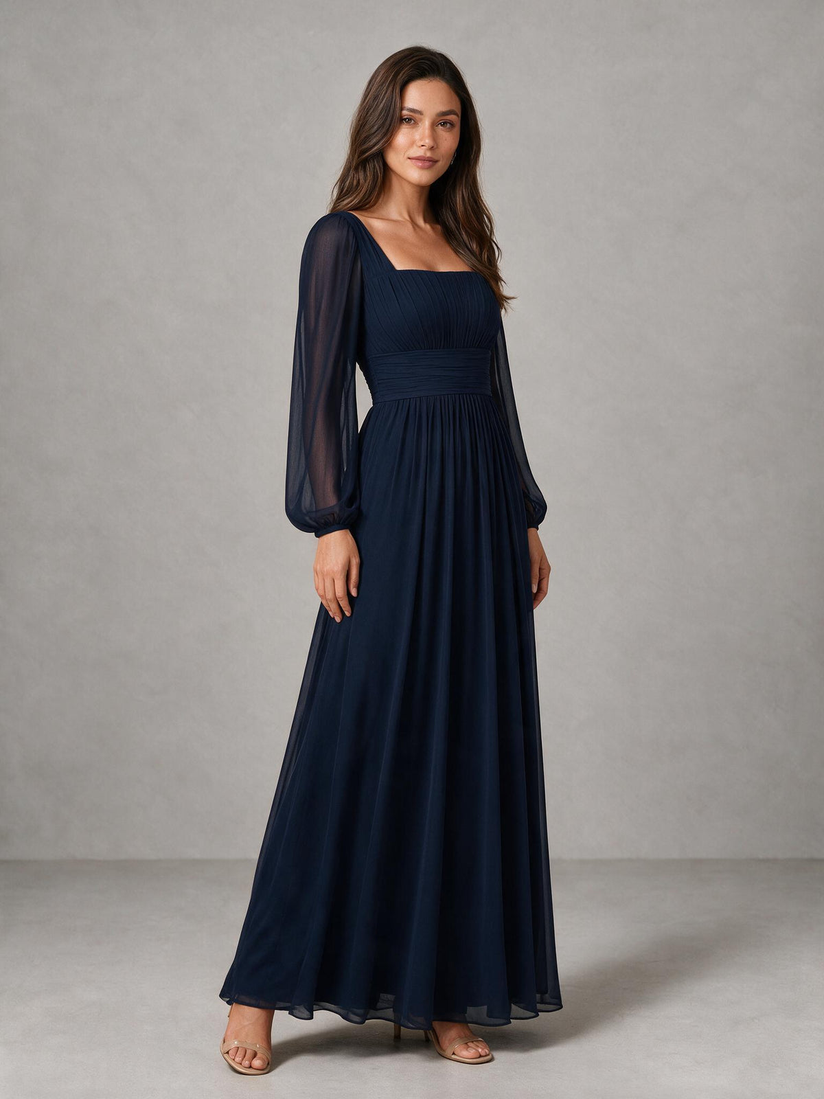 BOLODOO Navy Blue Square Neck Long Sleeve Chiffon Bridesmaid Dress 