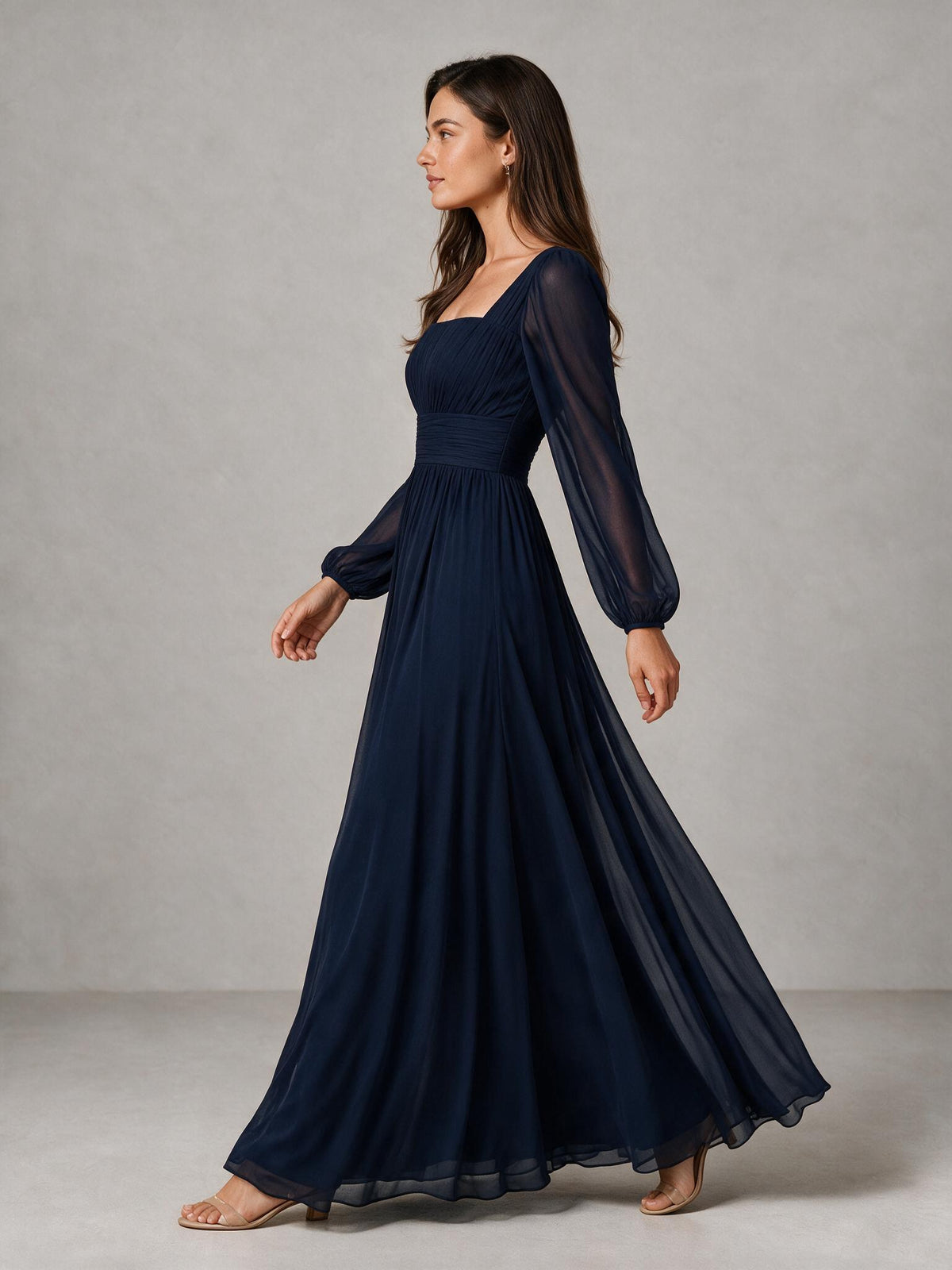 BOLODOO Navy Blue Square Neck Long Sleeve Chiffon Bridesmaid Dress 