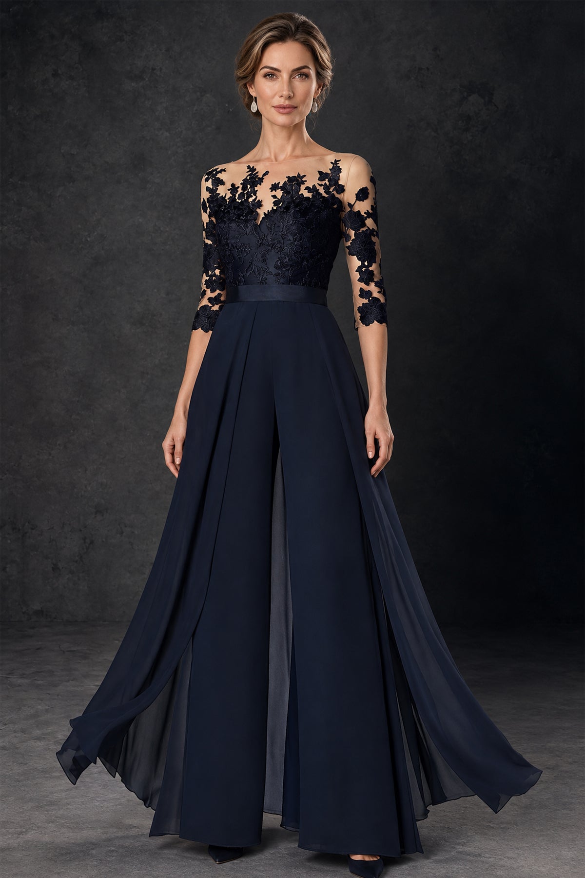 BOLODOO navy blue lace wide-leg formal jumpsuit with three-quarter sleeves, full front view
