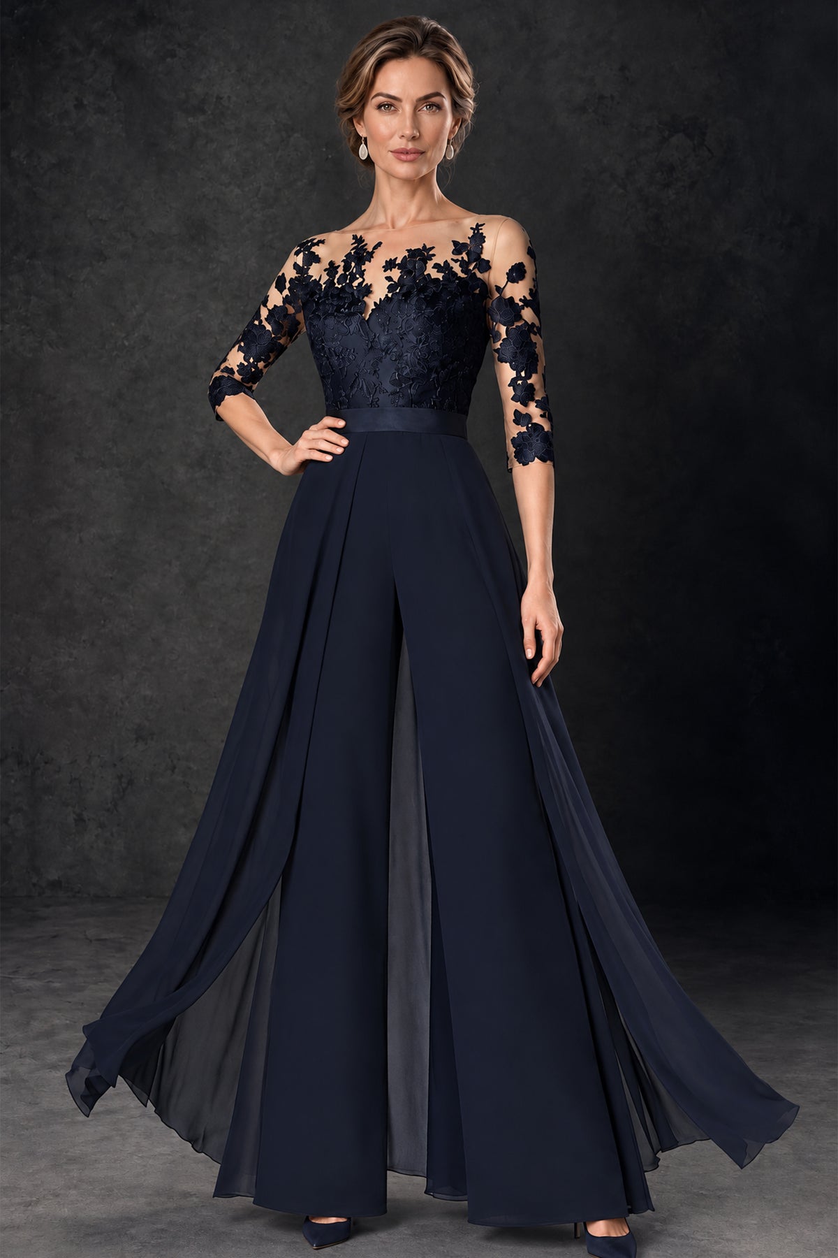 BOLODOO navy blue lace jumpsuit showing defined waist and full-length wide-leg trousers
