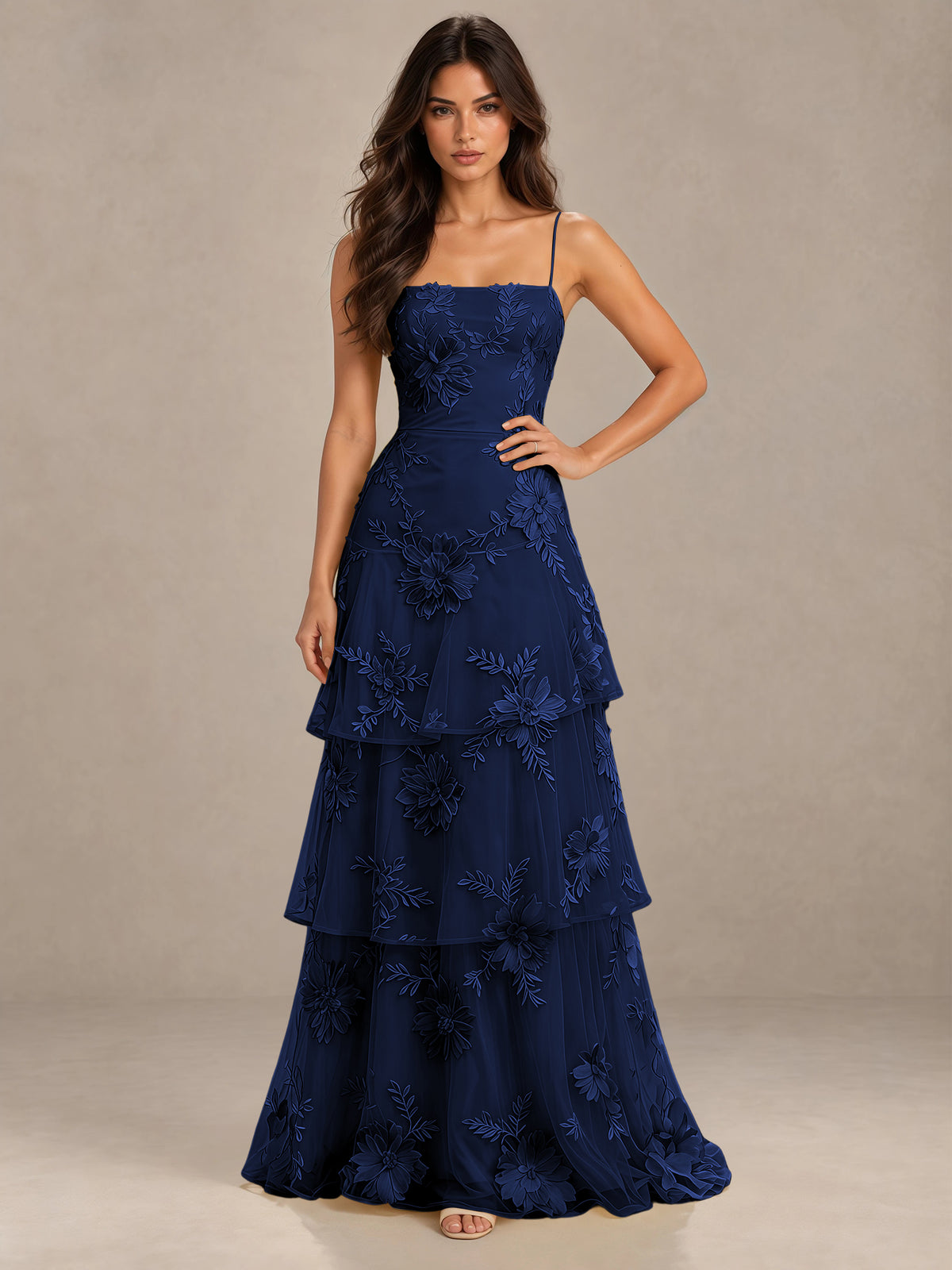BOLODOO Navy Blue Floral Applique Tiered Prom Dress with Lace-Up Back - Navy Blue - Navy Blue-1